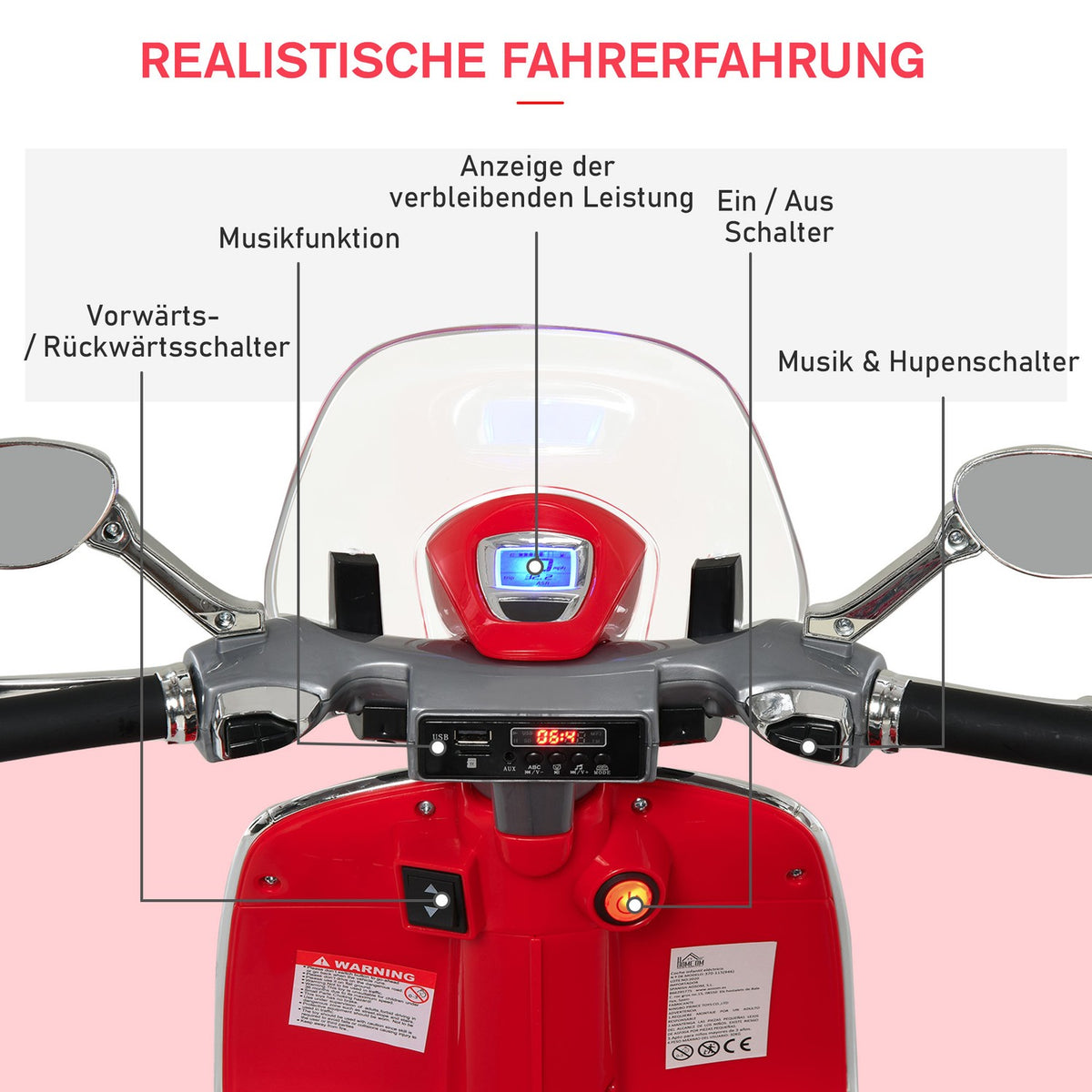 Electric Vehicle, Children'S Vehicle, Children'S Motorcycle, Electric Motorcycle With Mp3 Music Lighting, 3-6 Years, Pp, Red, 108 X 49 X 75 Cm