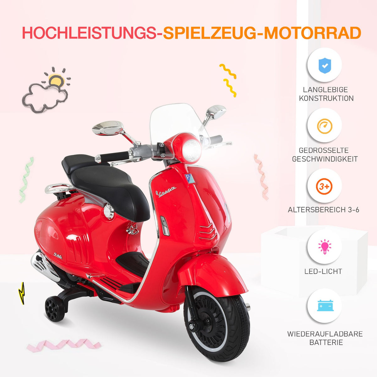 Electric Vehicle, Children'S Vehicle, Children'S Motorcycle, Electric Motorcycle With Mp3 Music Lighting, 3-6 Years, Pp, Red, 108 X 49 X 75 Cm