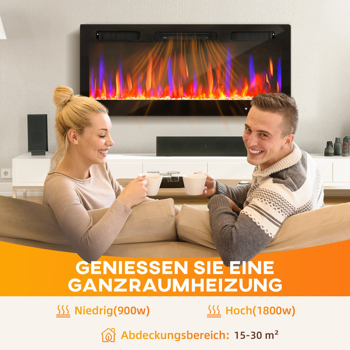 Electric Wall-Mounted Fireplace, Adjustable Flames, Timer