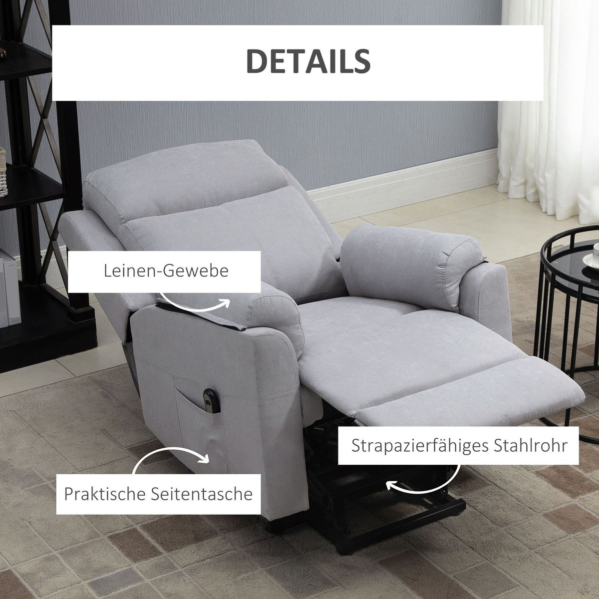 Electric armchair with stand-up aid stand-up chair for seniors reclining function linen touch light gray 83 x 89 x 102 cm