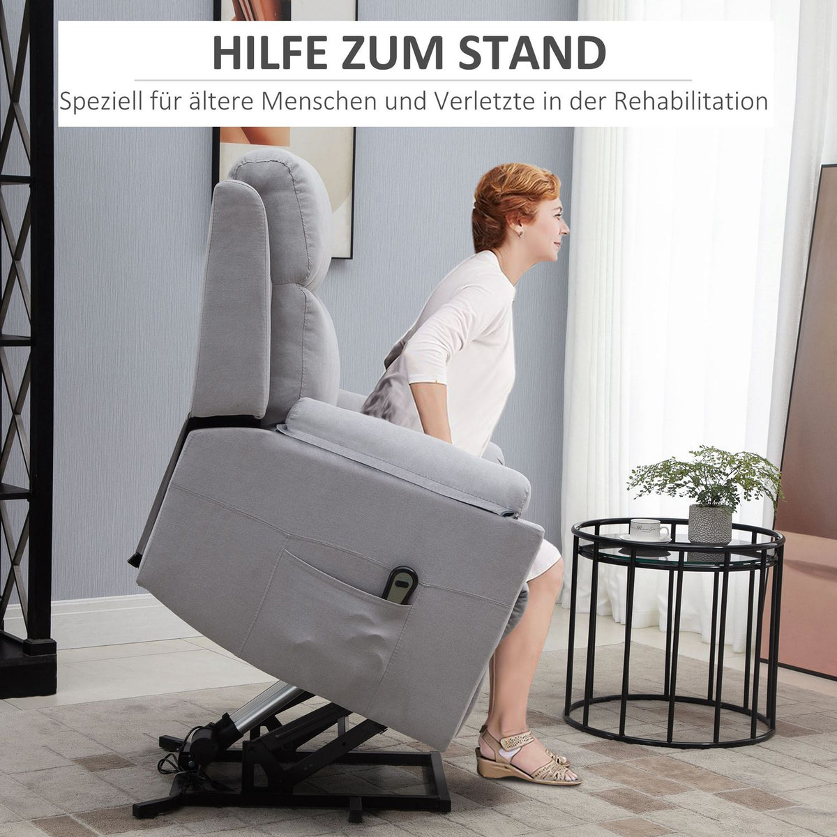 Electric armchair with stand-up aid stand-up chair for seniors reclining function linen touch light gray 83 x 89 x 102 cm