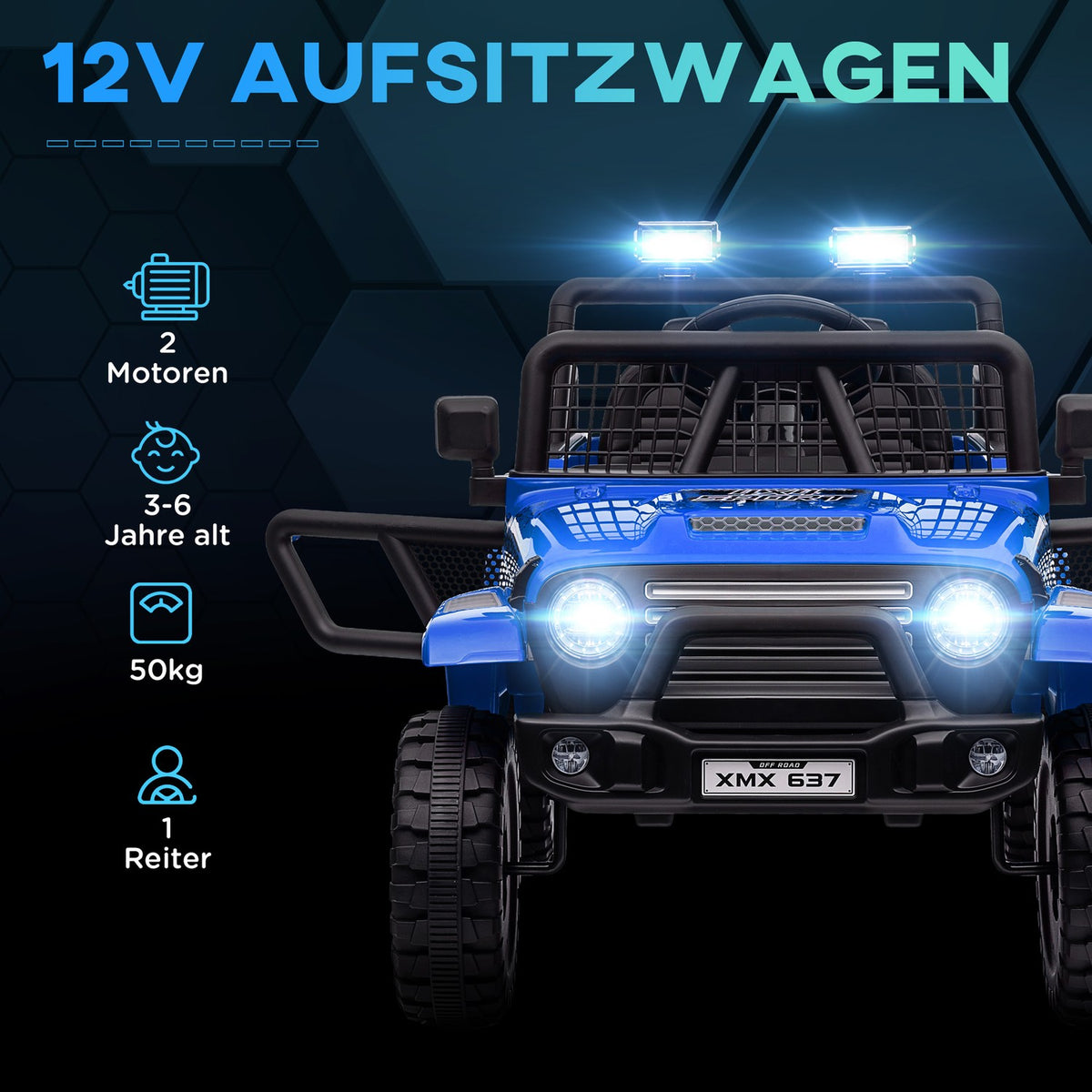 Electric children's car, 12 V 3-5 km/h off-road vehicle with music connection, children's vehicle with 2.4G remote control, headlight, horn, electric children's vehicle for children 3-6 years, blue
