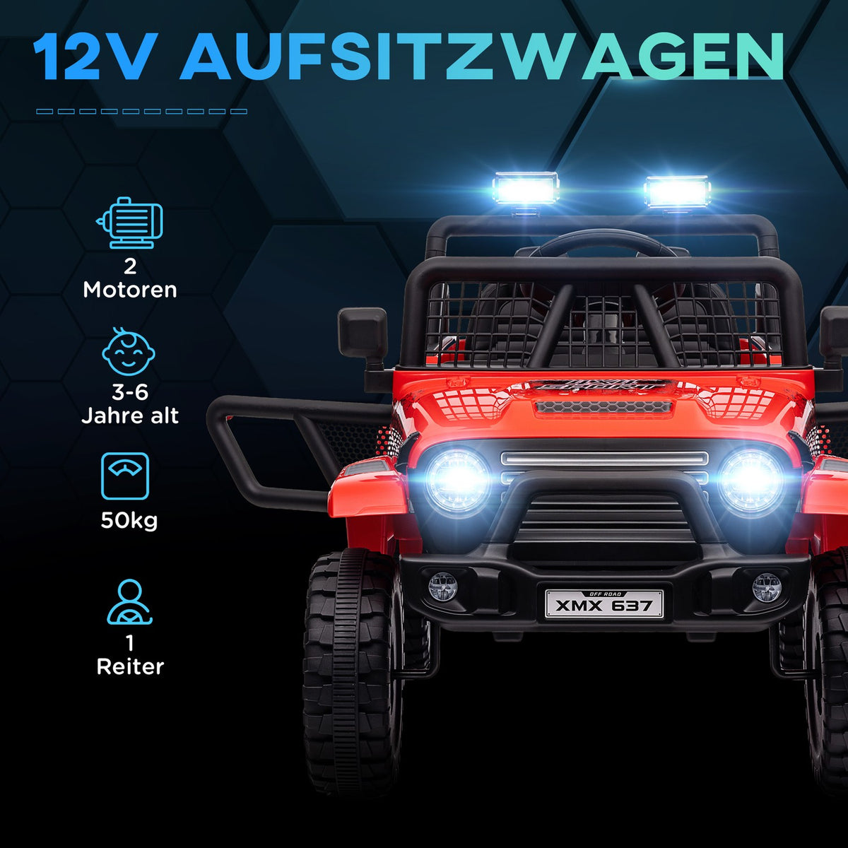 Electric children's car, 12 V 3-5 km/h off-road vehicle with music connection, children's vehicle with 2.4G remote control, headlight, horn, electric children's vehicle for children 3-6 years, red