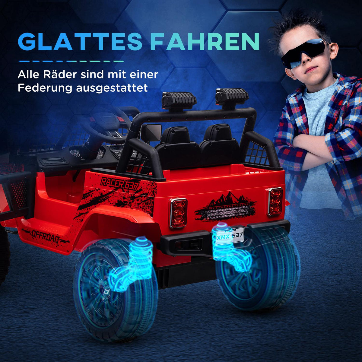 Electric children's car, 12 V 3-5 km/h off-road vehicle with music connection, children's vehicle with 2.4G remote control, headlight, horn, electric children's vehicle for children 3-6 years, red