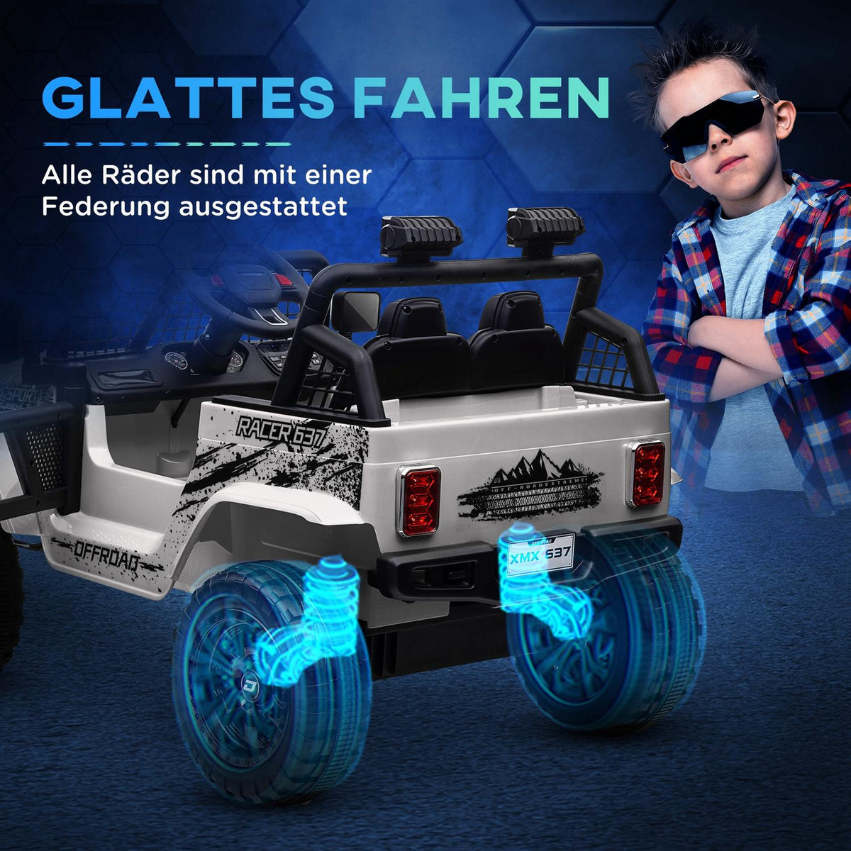 Electric children's car, 12 V 3-5 km/h off-road vehicle with music connection, children's vehicle with 2.4G remote control, headlight, horn, electric children's vehicle for children 3-6 years, white