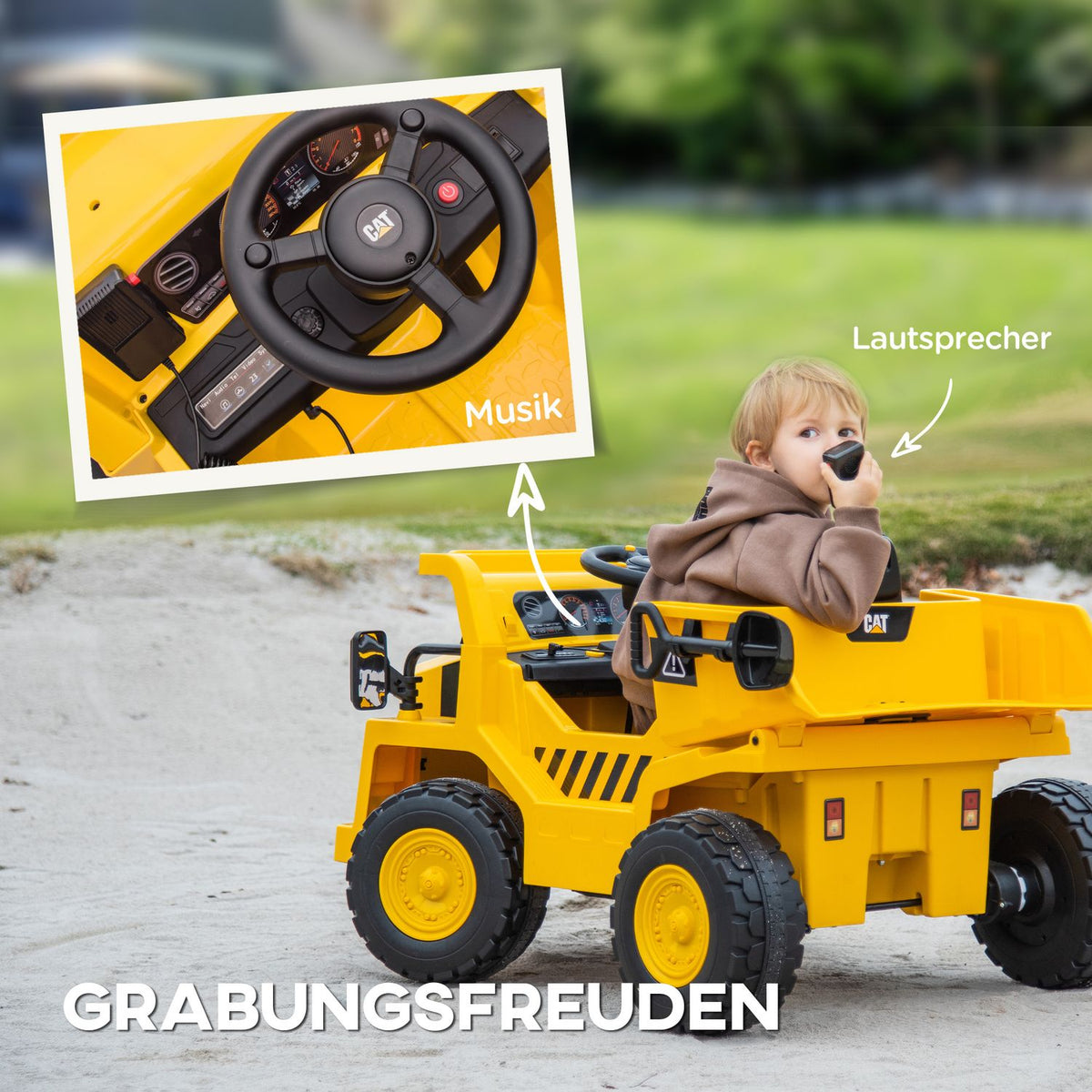 Electric children's excavator, load 30 kg, with remote control, bucket, shovel, speaker, headlight, for 3-7 years, yellow