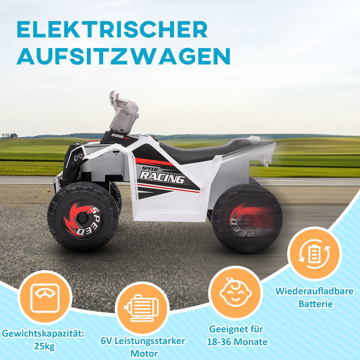Electric children's quad, mini electric quad with forward and reverse functions, 6 V electric vehicle for children 1.5-3 years, 2.5 km/h, white