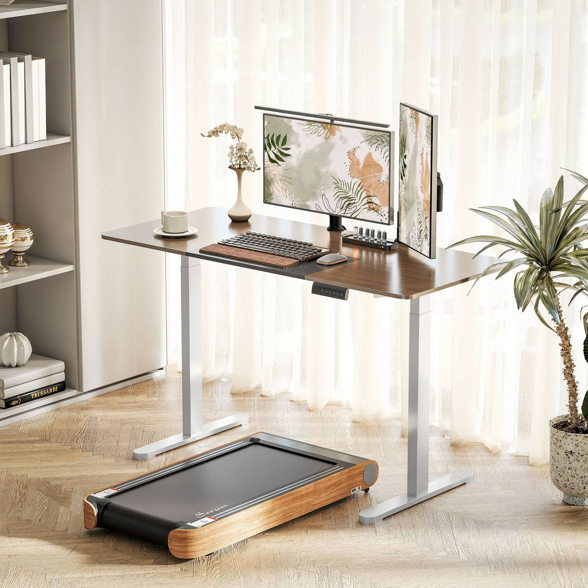 Electric desk frame, height-adjustable, with memory function, steel, white