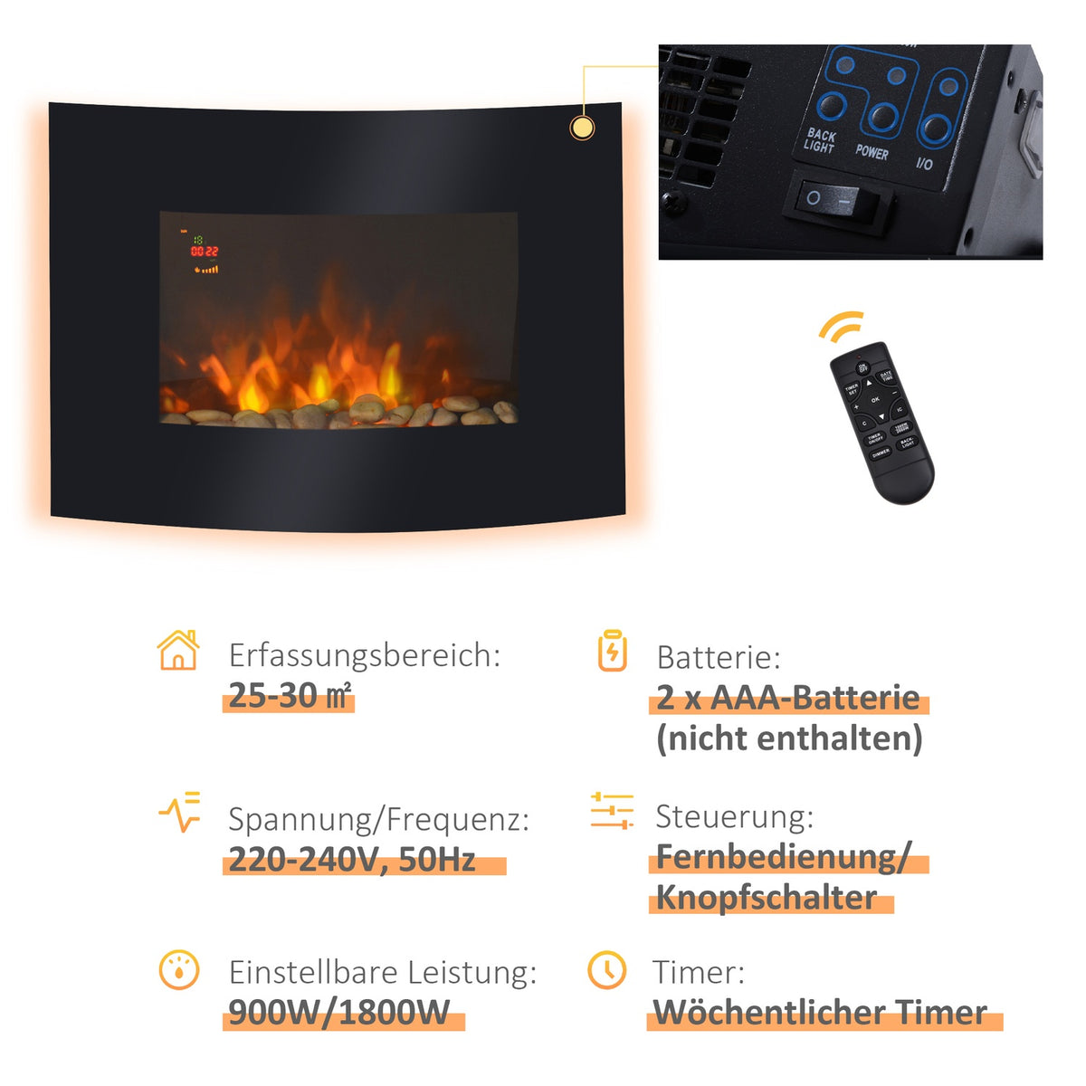 Electric fireplace electric wall fireplace 65 x 11.4 x 52cm, fireplace for a cozy atmosphere