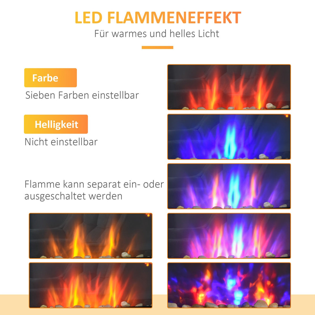 Electric fireplace with LED flame effect, 1000/2000W wall fireplace in 7 colors, electric fireplace with remote control, wall mounting, black