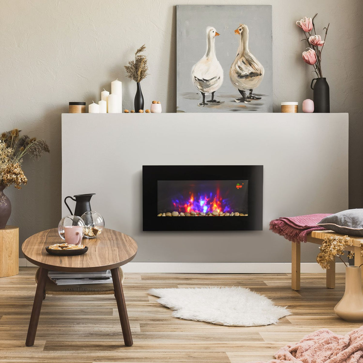 Electric fireplace with LED flame effect, 1000/2000W wall fireplace in 7 colors, electric fireplace with remote control, wall mounting, black