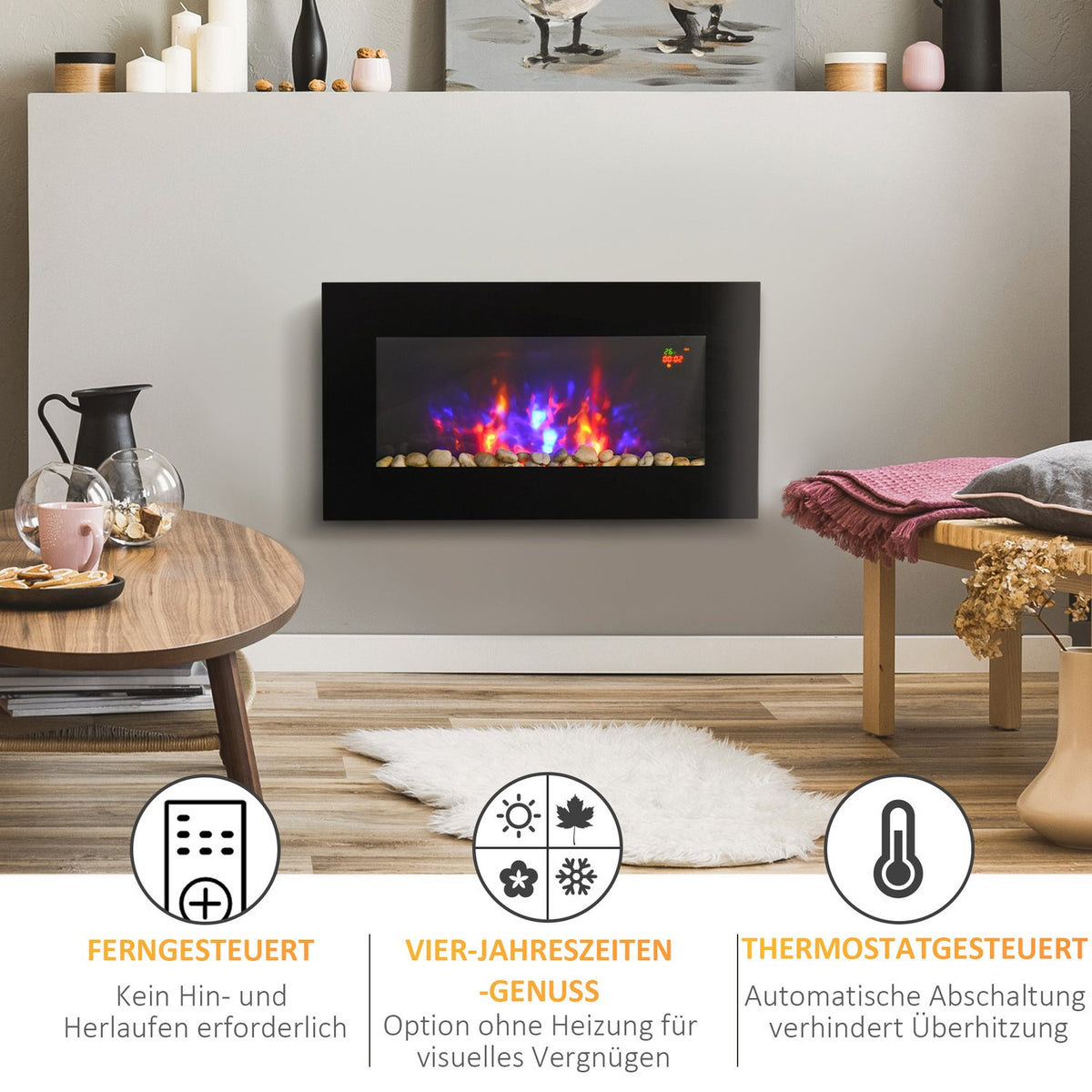 Electric fireplace with LED flame effect, 1000/2000W wall fireplace in 7 colors, electric fireplace with remote control, wall mounting, black