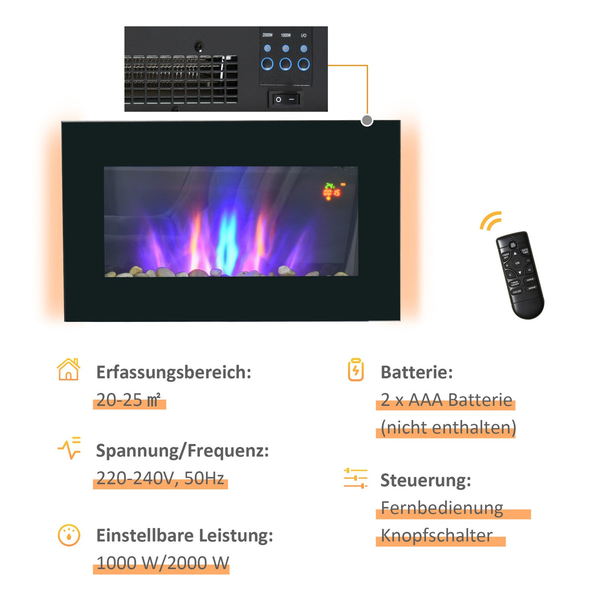 Electric fireplace with LED flame effect, 1000/2000W wall fireplace in 7 colors, electric fireplace with remote control, wall mounting, black