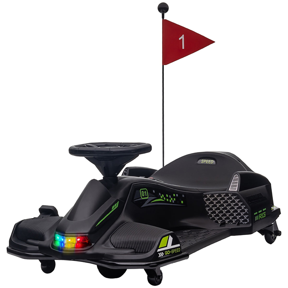 Electric go-kart for children, rubber wheels, 3-8 km/h, with lights and music function, black