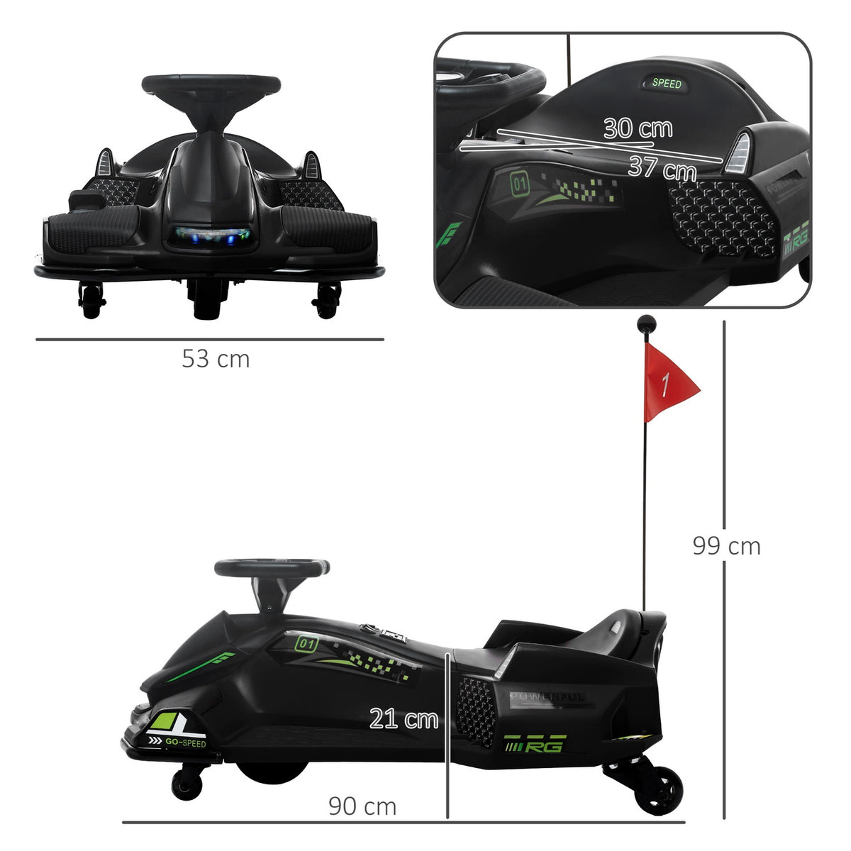 Electric go-kart for children, rubber wheels, 3-8 km/h, with lights and music function, black