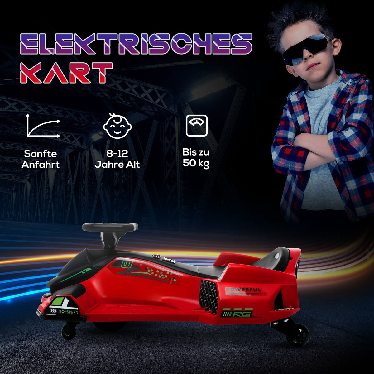 Electric go-kart for children, rubber wheels, 3-8 km/h, with lights and music function, red