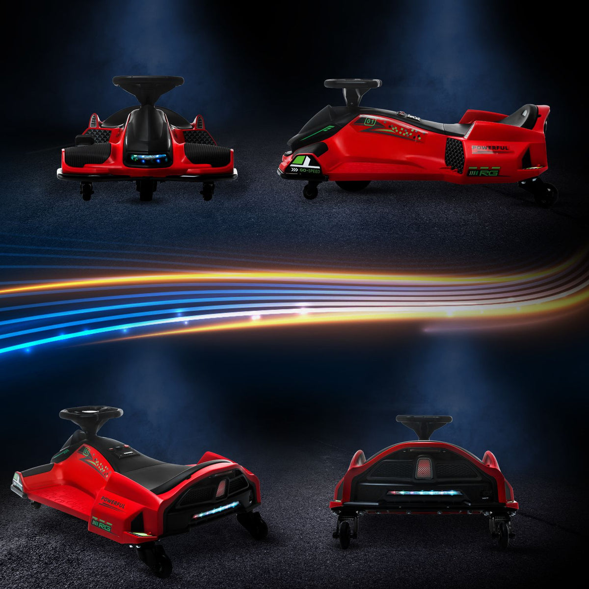 Electric go-kart for children, rubber wheels, 3-8 km/h, with lights and music function, red