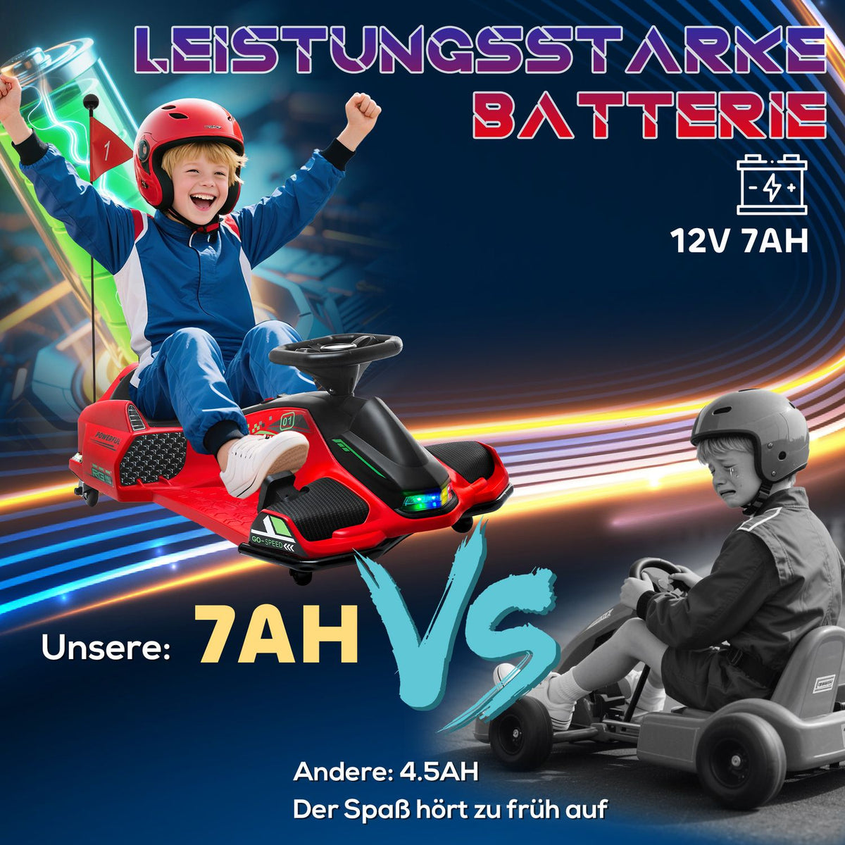 Electric go-kart for children, rubber wheels, 3-8 km/h, with lights and music function, red