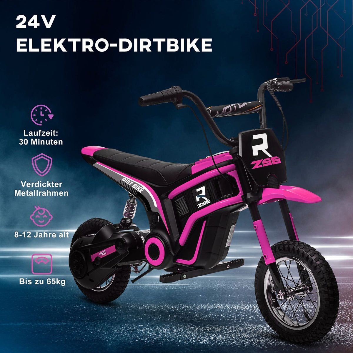 Electric motorcycle for children, 24V children's motorcycle with horn, light, with twist-grip throttle, 8-16 km/h, 8-12 years, pink
