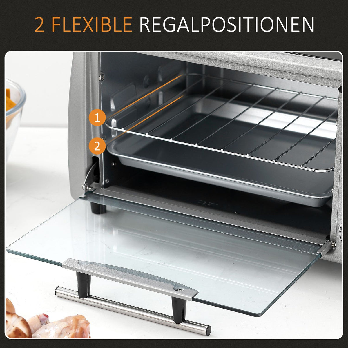 Electric oven 10L adjustable temperature and timer, grill and pan included, 750W, 36.5x26x22cm, silver black