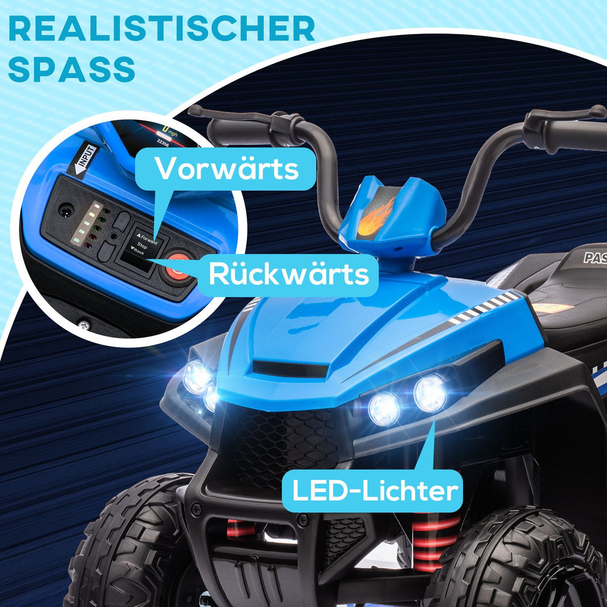 Electric quad for children 12V children's quad with 4-wheel suspension, MP3 music player, children's vehicle with headlight, forward and reverse gear, for 3-5 years children, 5 km/h, metal, blue
