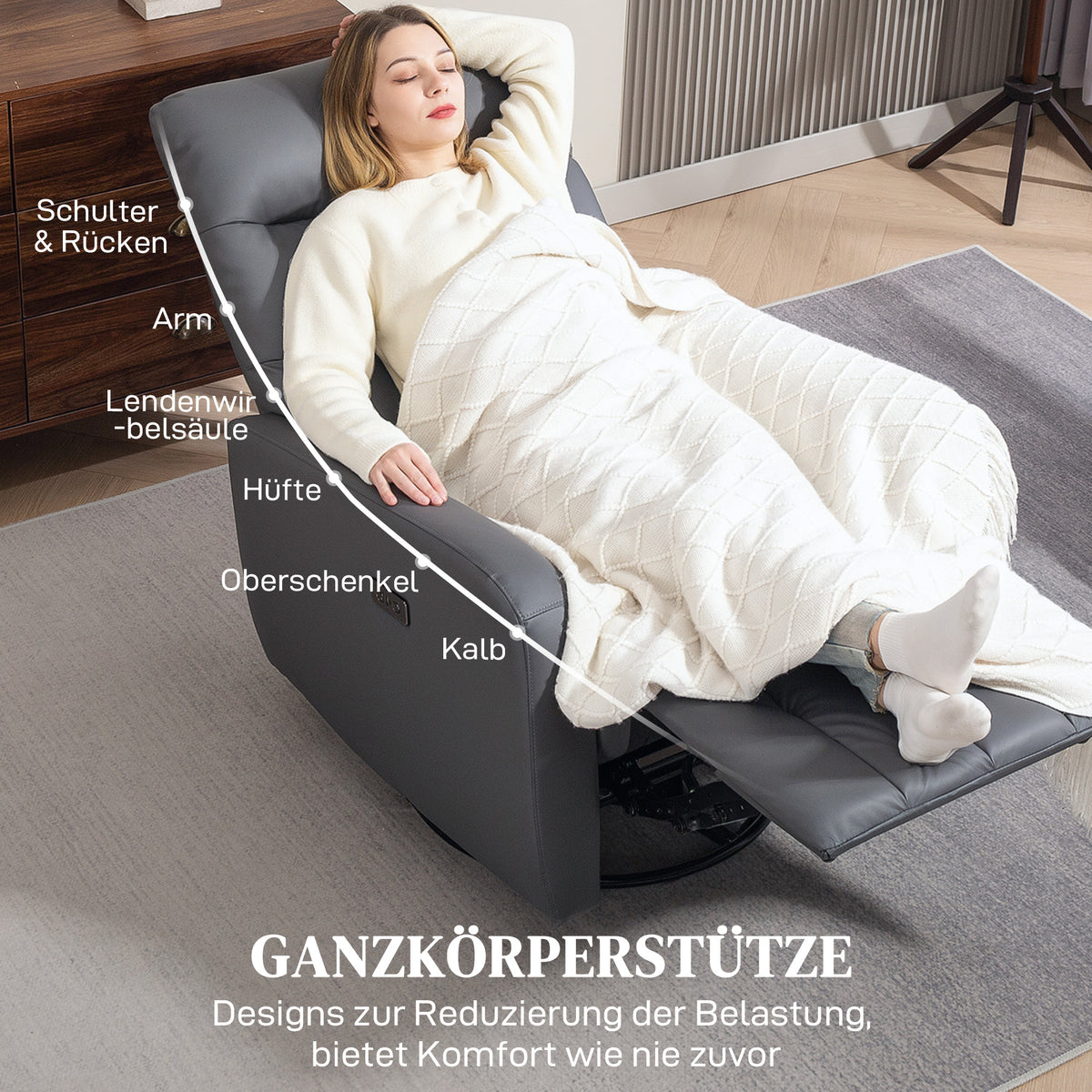 Electric recliner TV chair with reclining function, rocking function, USB and USB-C ports, rotatable reclining chair with adjustable backrest, for living room, gray