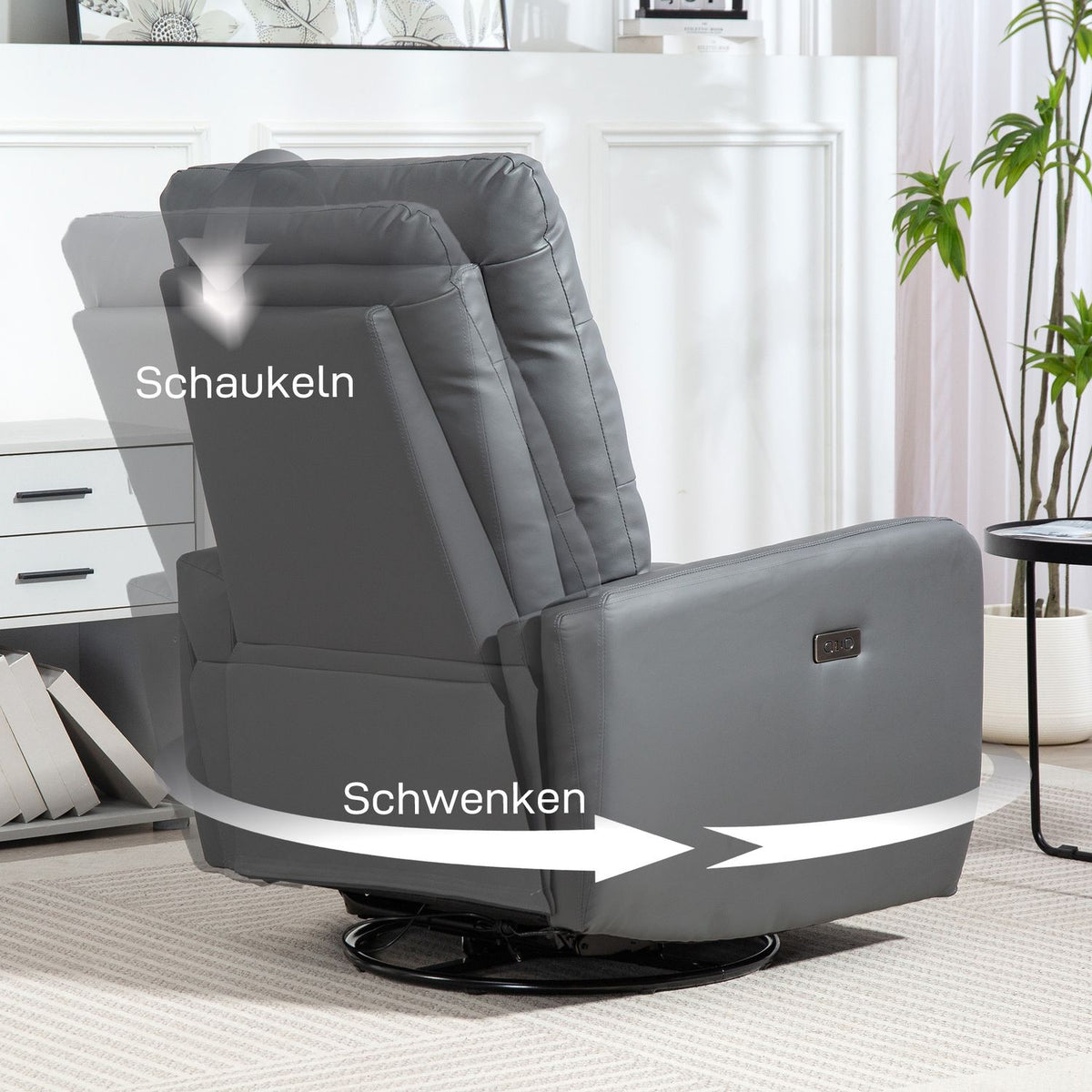 Electric recliner TV chair with reclining function, rocking function, USB and USB-C ports, rotatable reclining chair with adjustable backrest, for living room, gray