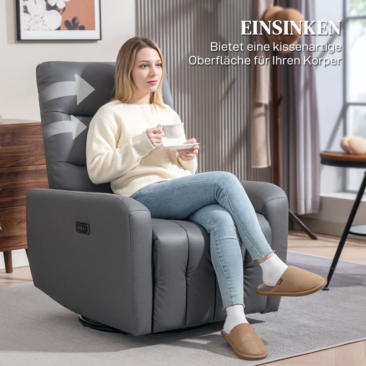 Electric recliner TV chair with reclining function, rocking function, USB and USB-C ports, rotatable reclining chair with adjustable backrest, for living room, gray