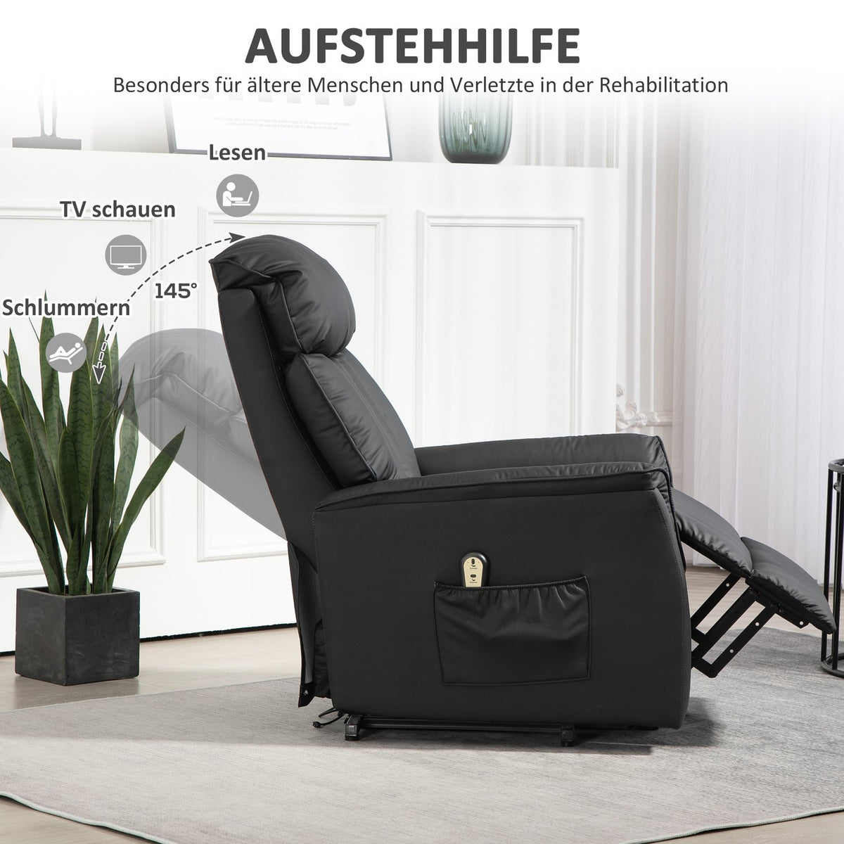 Electric recliner chair, TV chair, armchair with stand-up aid, reclining function, artificial leather, 80 x 94 x 104 cm, black