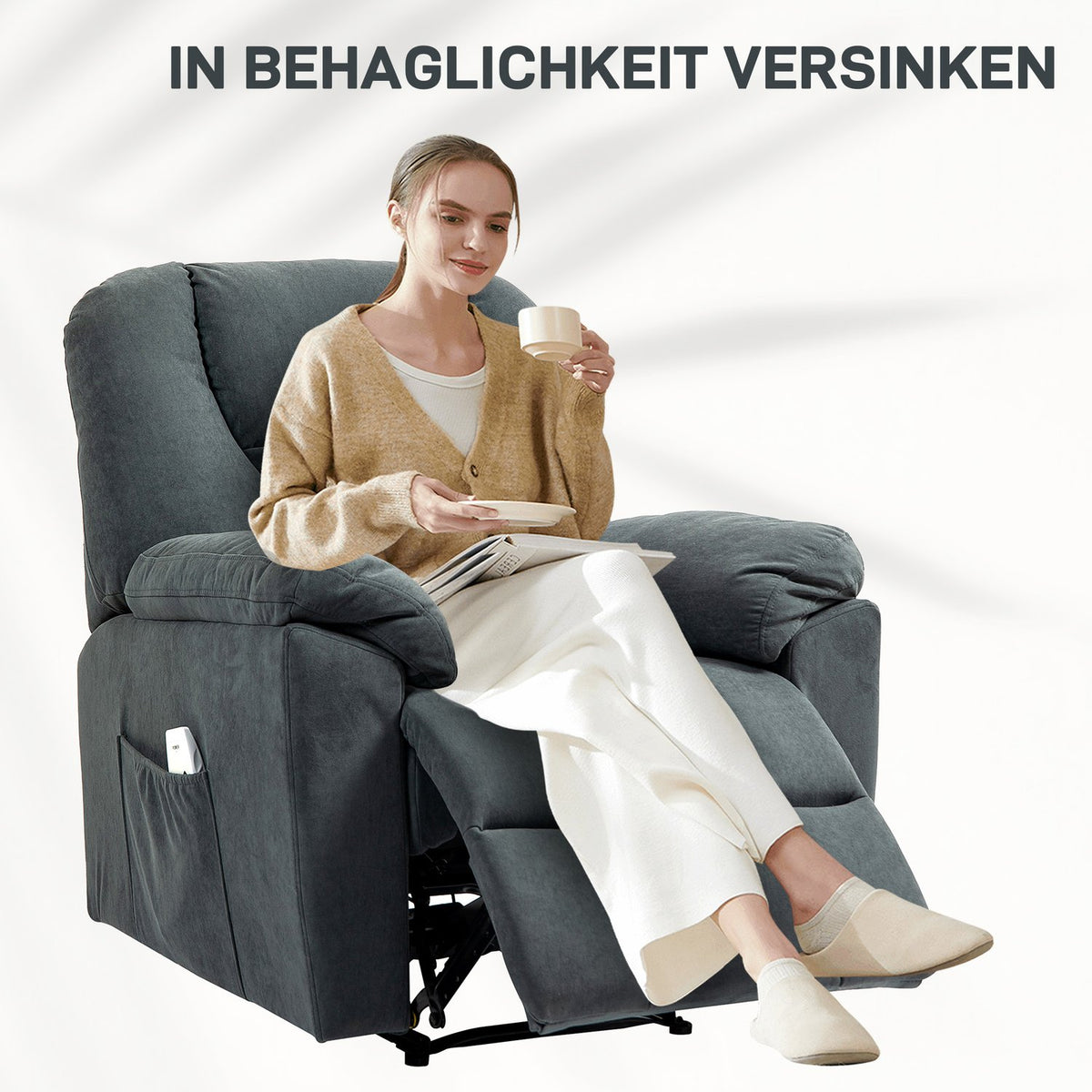Electric relaxation chair, TV chair with reclining function, heat function, massage chair with side pocket, reclining chair with USB ports, pocket spring for living room, dark gray
