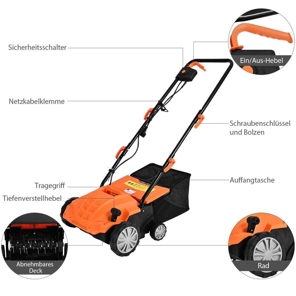 Electric scarifier lawn aerator 1500W 2-in-1 scarifier and aerator 104.5 x 51 x 103 cm orange