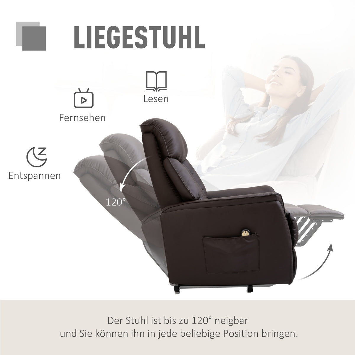 Electric stand-up chair, TV chair with stand-up aid, relaxation chair with reclining function, faux leather, brown, 80 x 94 x 104 cm