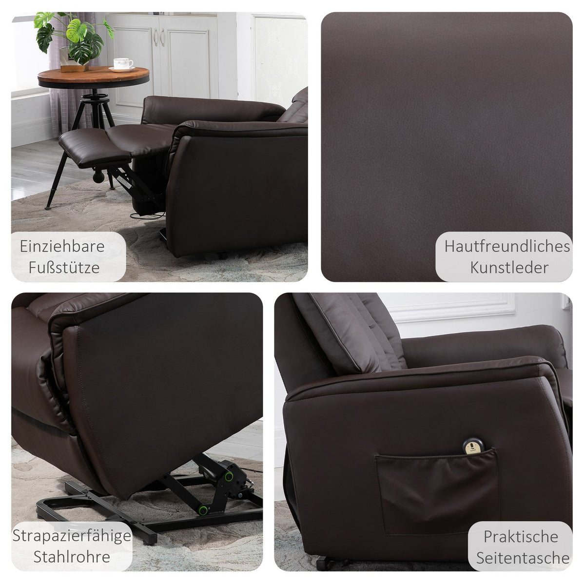 Electric stand-up chair, TV chair with stand-up aid, relaxation chair with reclining function, faux leather, brown, 80 x 94 x 104 cm