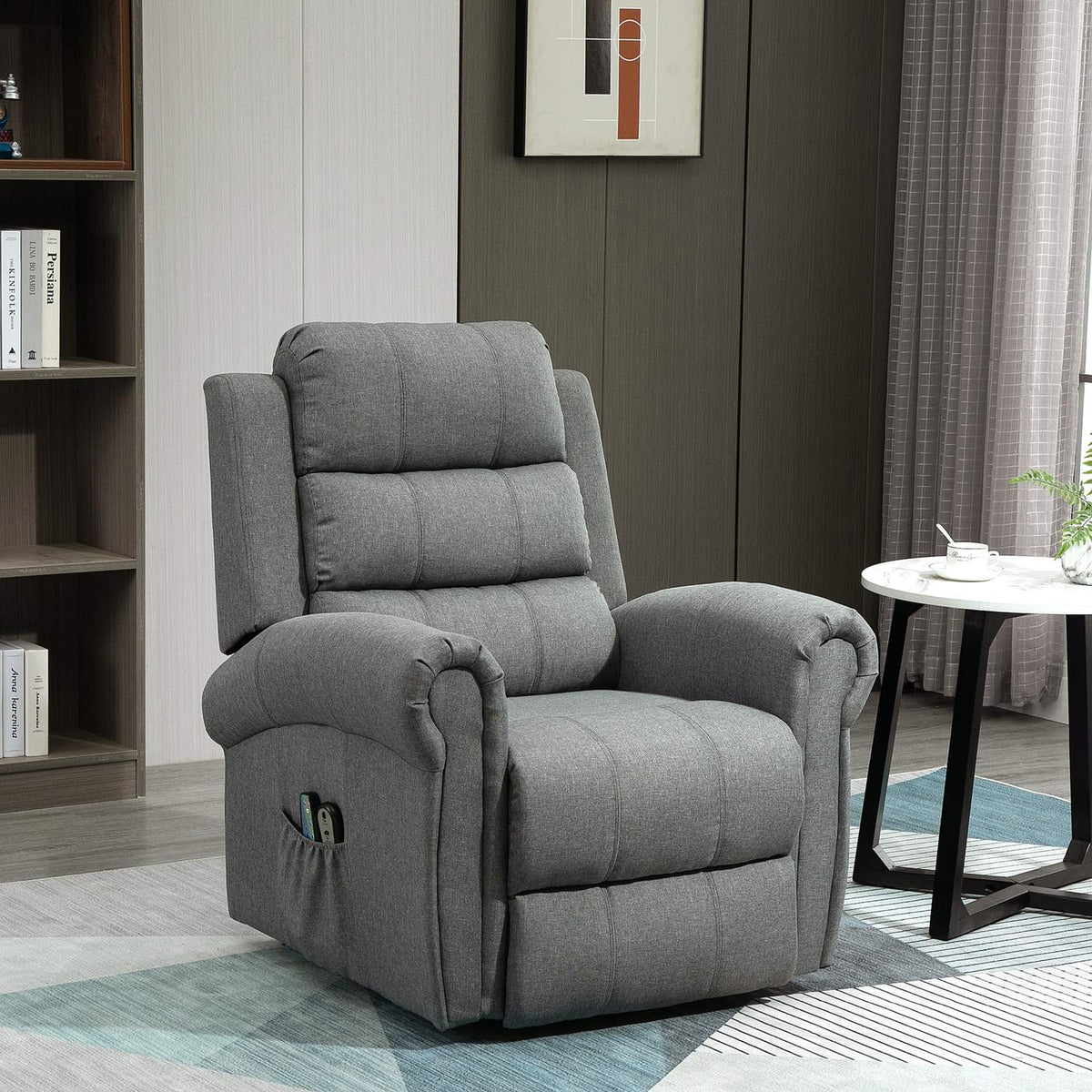 Electric stand-up chair, massage chair with stand-up aid, heat function, remote control, linen, gray, 98 x 96 x 105 cm