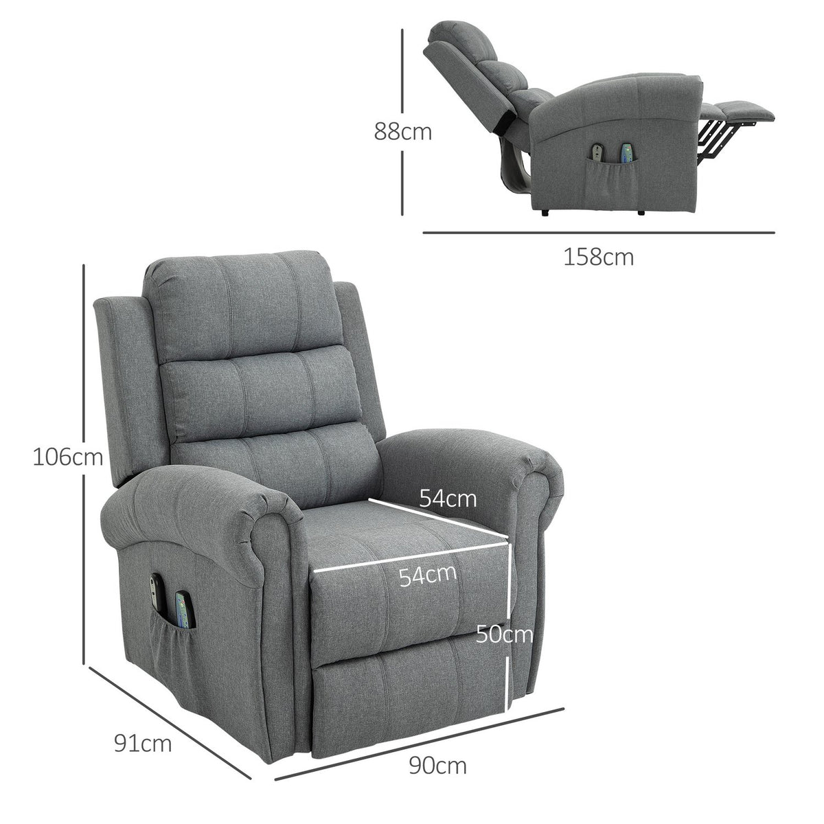 Electric stand-up chair, massage chair with stand-up aid, heat function, remote control, linen, gray, 98 x 96 x 105 cm