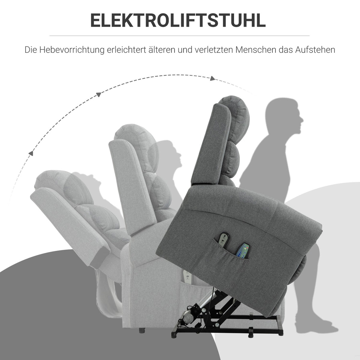Electric stand-up chair, massage chair with stand-up aid, heat function, remote control, linen, gray, 98 x 96 x 105 cm