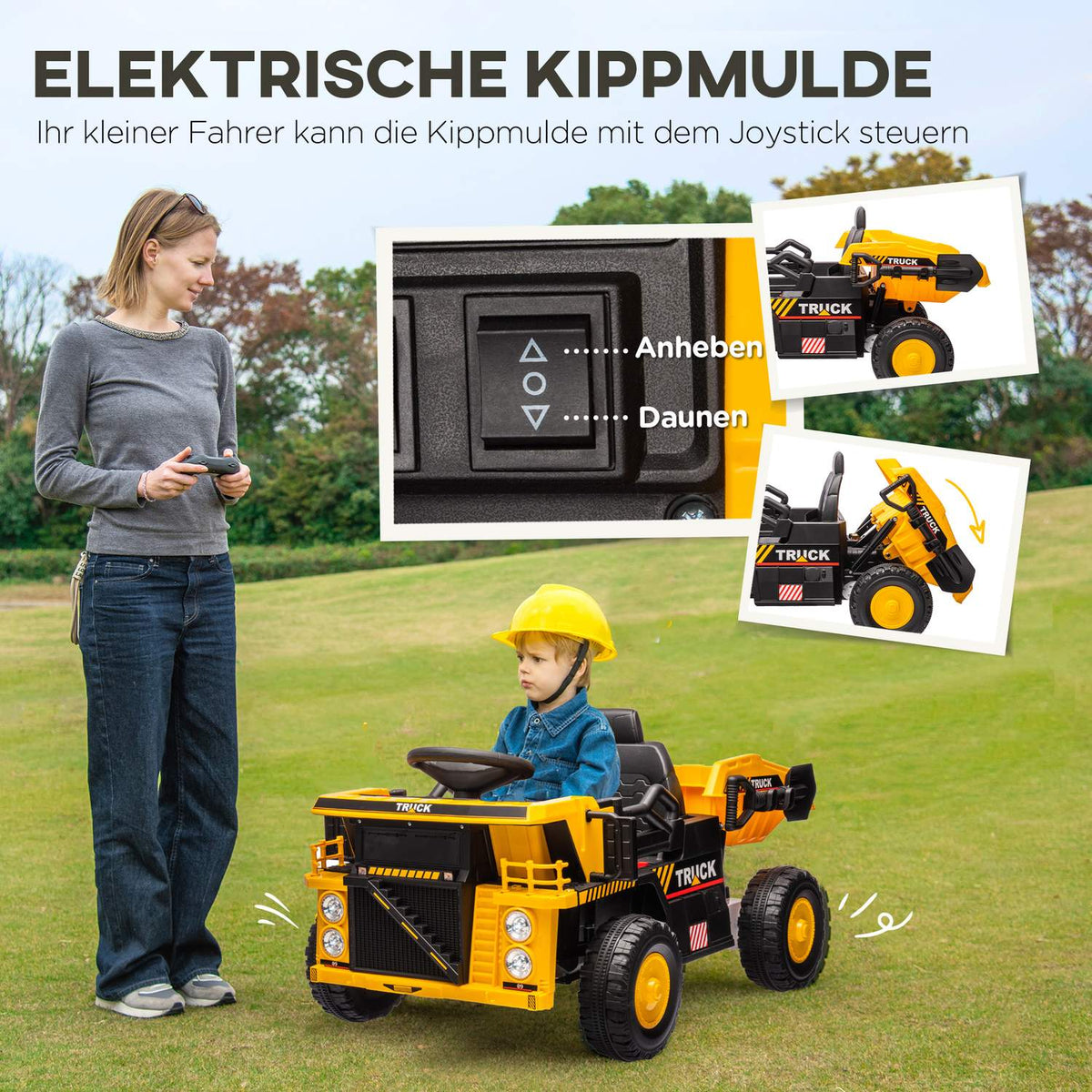 Electric tractor with shovel, 12 V children's ride-on tractor, children's electric car with MP3 function, children's vehicle with headlight, 3-6 km/h, for 3-5 years children, yellow