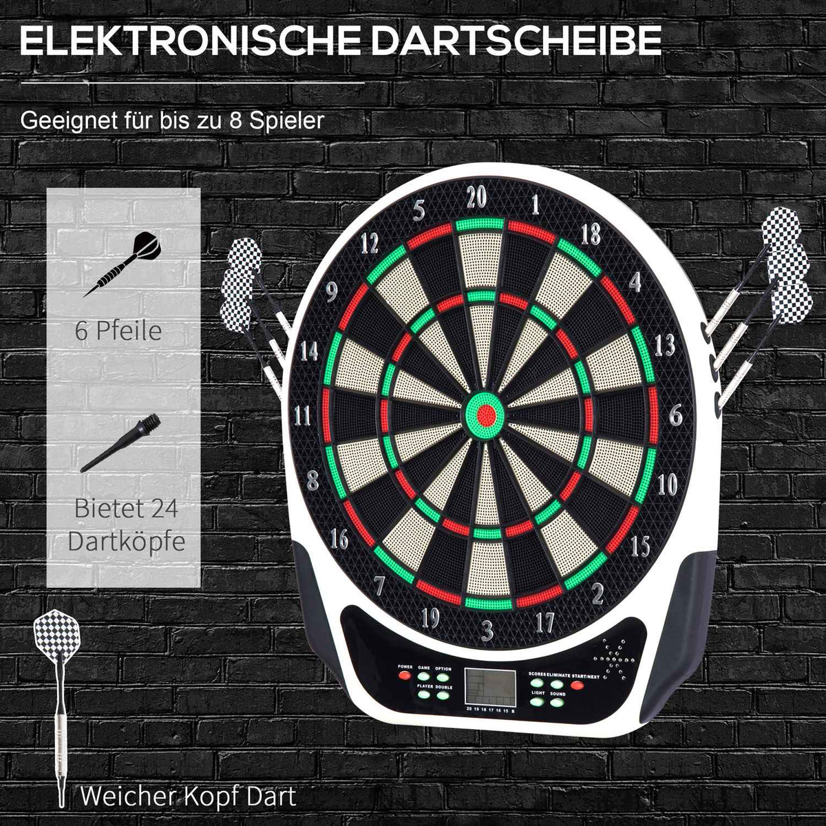 Electronic dartboard, dartboard with LCD display, 6 darts, 24 dart heads, 18 games, 159 hit options, for 8 players