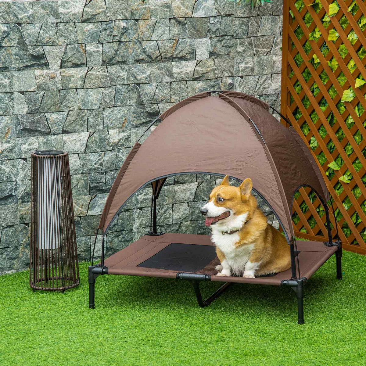 Elevated Dog Bed Outdoor Canopy Breathable Taffeta Fabric Coffee 92X76X90Cm