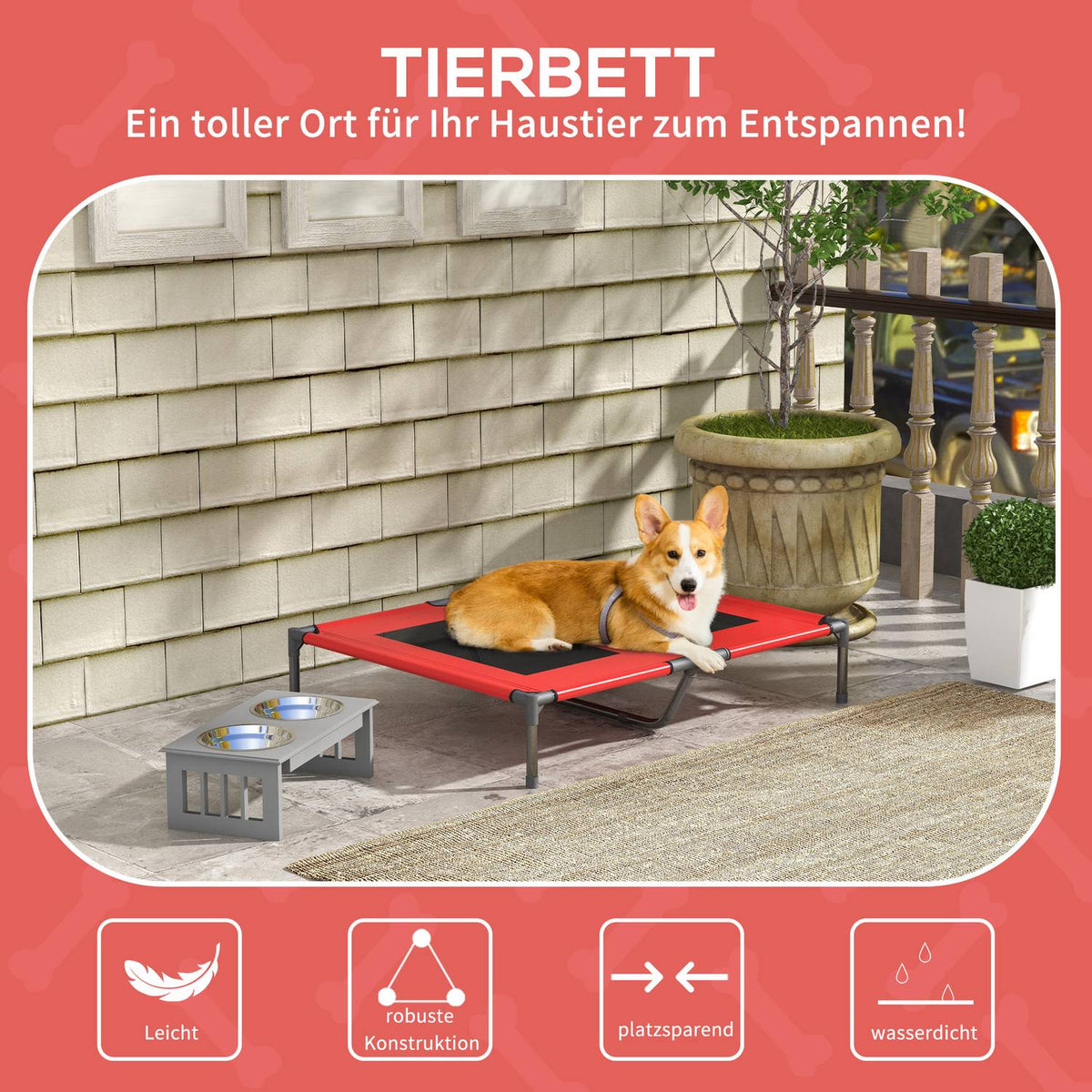Elevated Dog Bed, Pet Bed, Outdoor Dog Lounger, Breathable Sleeping Place, for Large Dogs, Camping, Oxford, Red, 92 x 76 x 18 cm