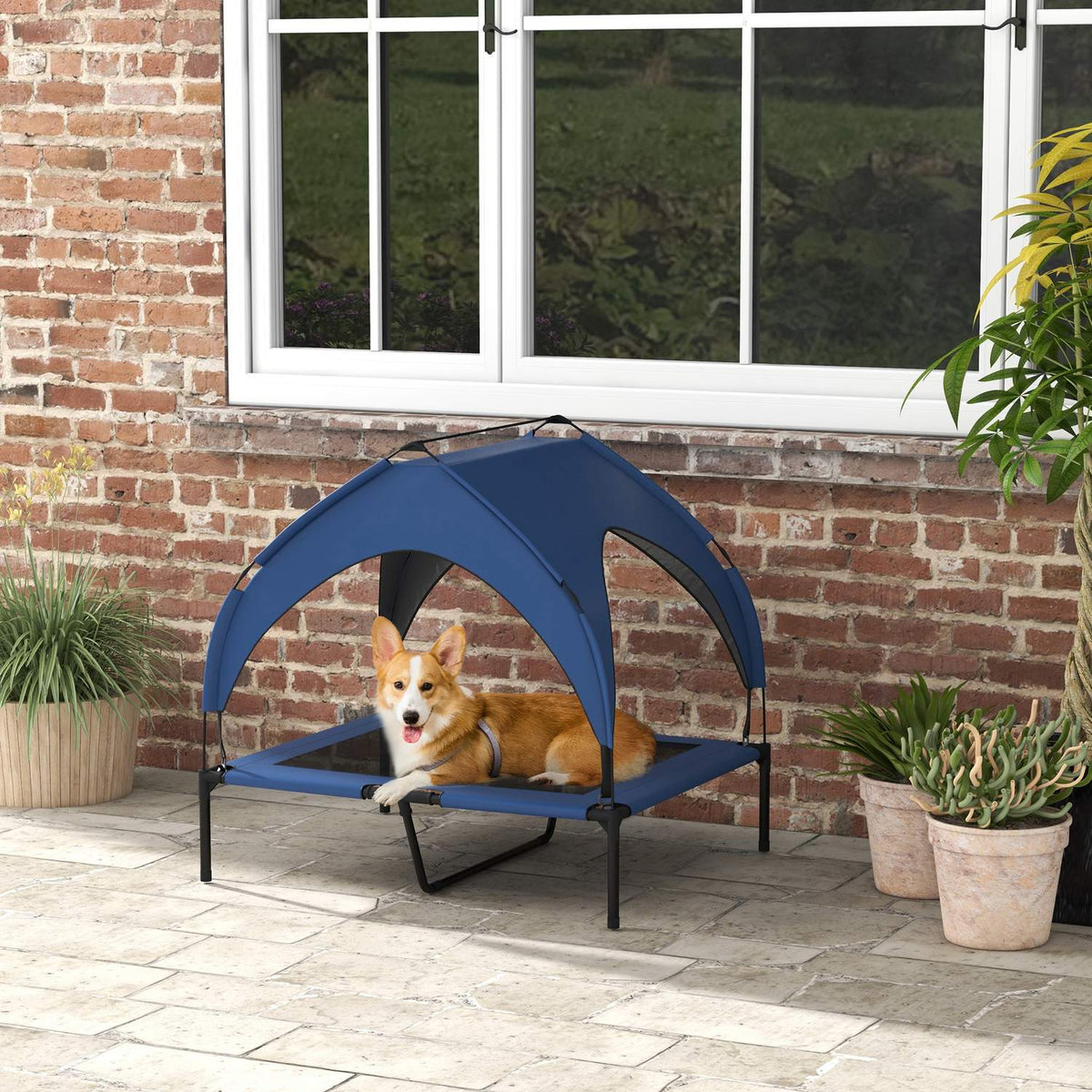 Elevated Dog Bed with Canopy, Pet Bed, Outdoor Dog Lounger with Roof, Breathable, for Large Dogs Dark Blue Oxford 91 x 76 x 89 cm
