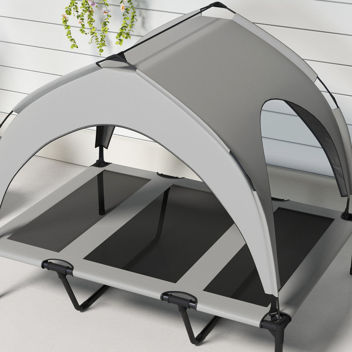 Elevated Dog Bed with Canopy, Pet Bed, Outdoor Dog Lounger with Roof, Breathable, for Large Dogs Light Gray Oxford 106 x 76 x 94 cm