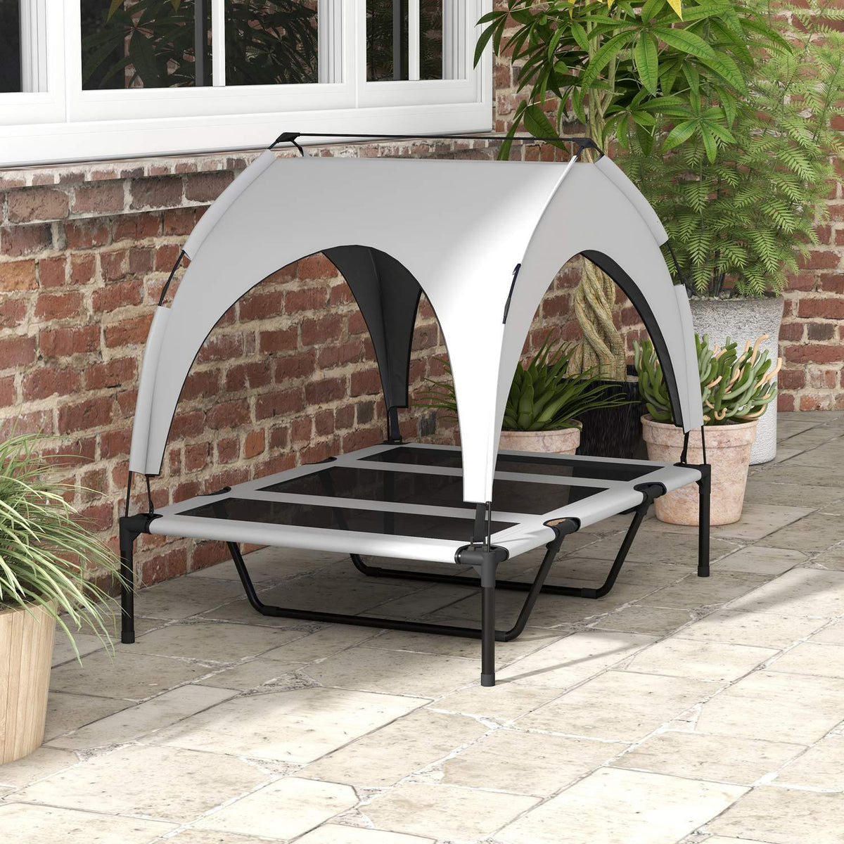 Elevated Dog Bed with Canopy, Pet Bed, Outdoor Dog Lounger with Roof, Breathable, for Large Dogs Light Gray Oxford 106 x 76 x 94 cm