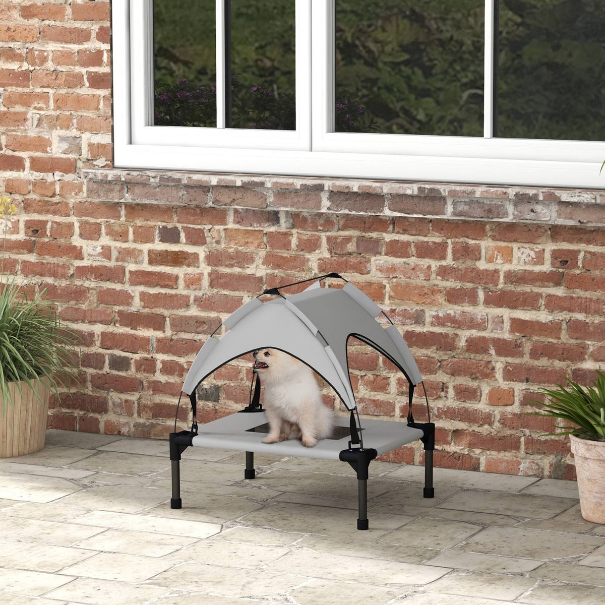 Elevated Dog Bed with Canopy, Pet Bed, Outdoor Dog Lounger with Roof, Breathable, for Mini and Small Dogs Light Gray Oxford 61 x 46 x 63 cm