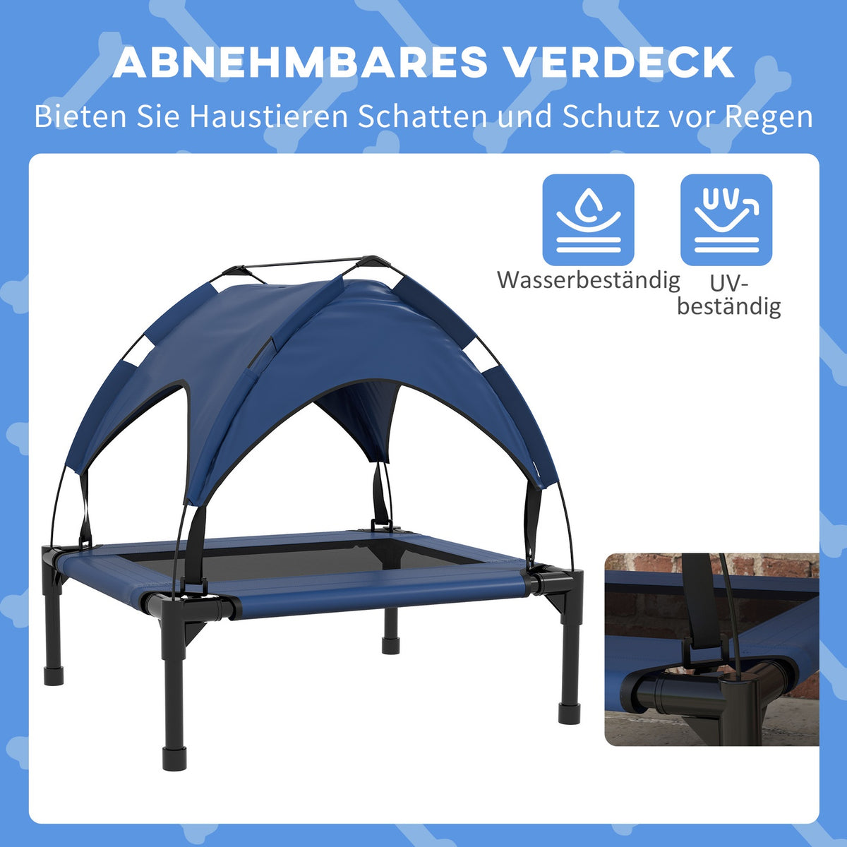 Elevated Dog Bed with Canopy, Pet Bed, Outdoor Dog Lounger with Roof, Breathable, for Small and Medium Dogs Dark Blue Oxford 76 x 61 x 69.5 cm