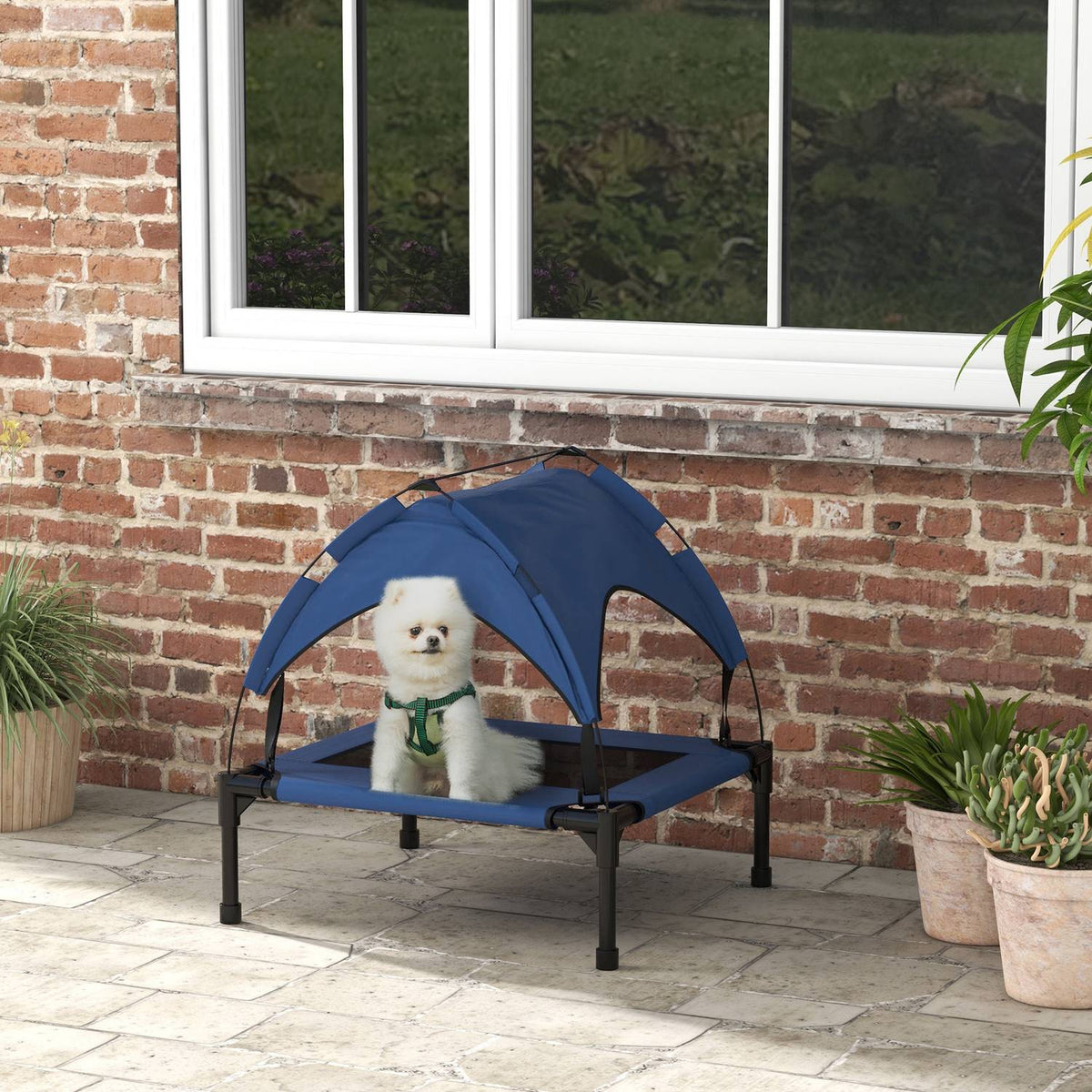 Elevated Dog Bed with Canopy, Pet Bed, Outdoor Dog Lounger with Roof, Breathable, for Small and Medium Dogs Dark Blue Oxford 76 x 61 x 69.5 cm