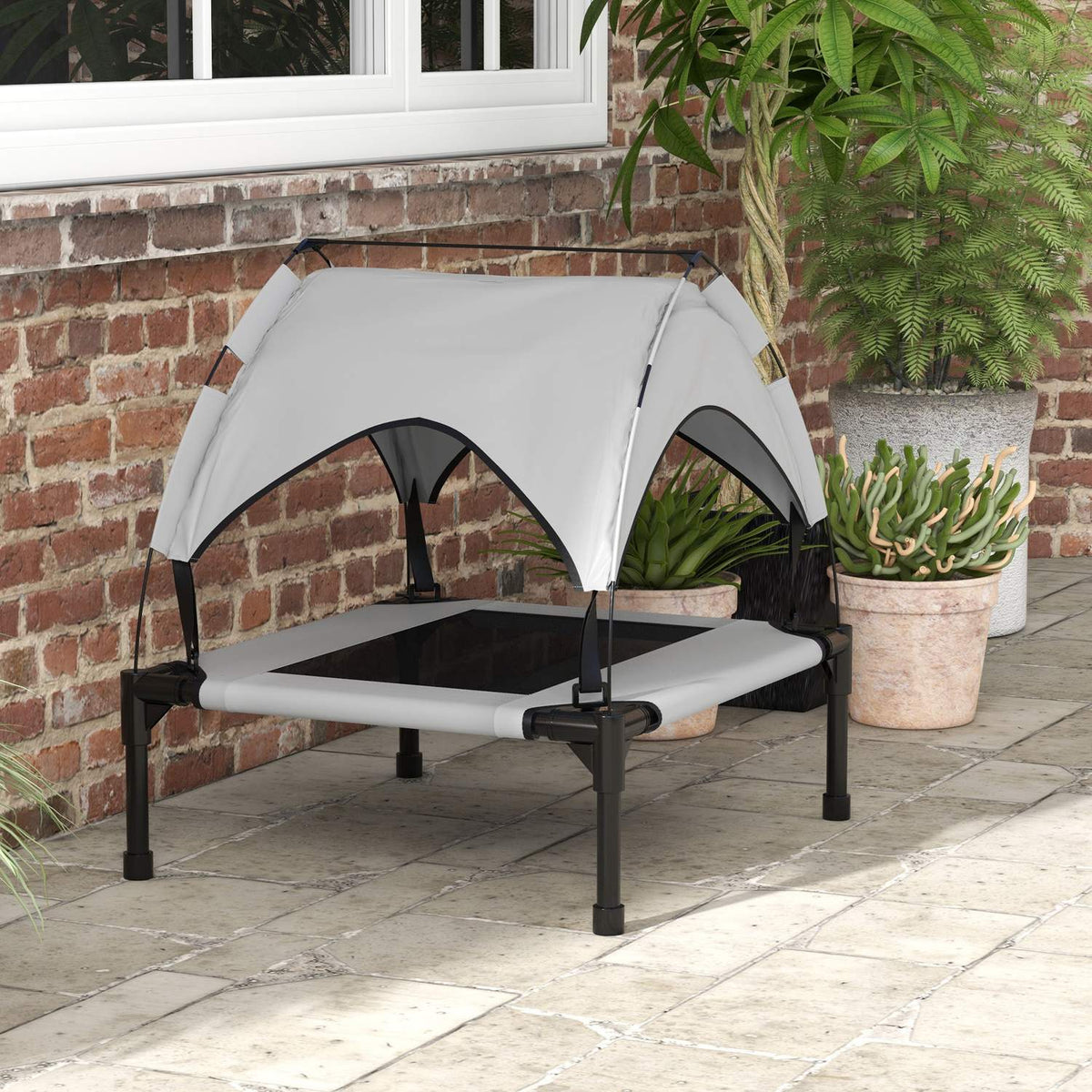 Elevated Dog Bed with Canopy, Pet Bed, Outdoor Dog Lounger with Roof, Breathable, for Small and Medium Dogs Light Gray Oxford 76 x 61 x 69.5 cm