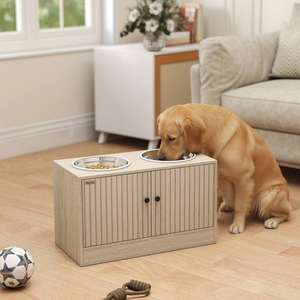Elevated Dog Feeding Station with 2 Stainless Steel Bowls, Storage Cabinet