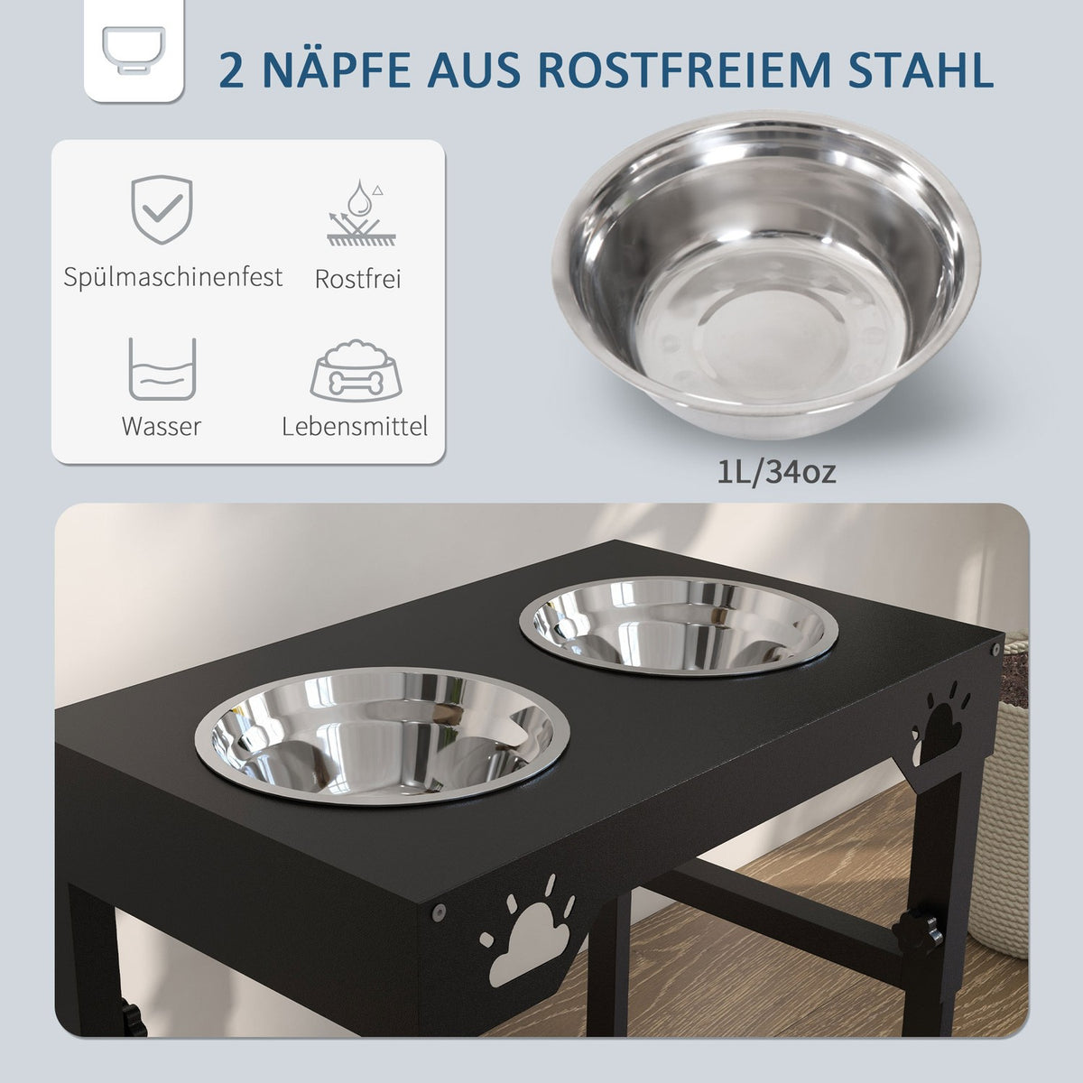 Elevated Feeding Station 1L Feeding Bowl, Height-Adjustable Stainless Steel Dog Bowl, 2 Bowls, Black