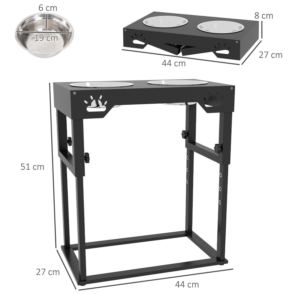 Elevated Feeding Station 1L Feeding Bowl, Height-Adjustable Stainless Steel Dog Bowl, 2 Bowls, Black